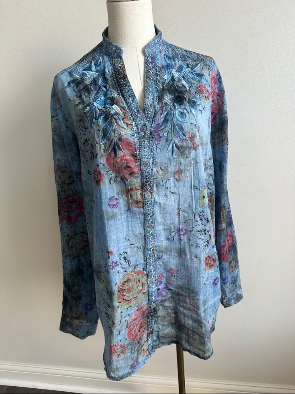 Vintage Goa Floral Embroidered Blouse Blue Women L Roll Tab Coastal Cotton
